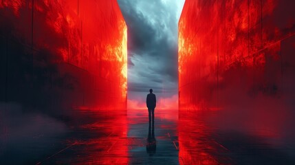 A man stands in a red tunnel with a cloudy sky above him