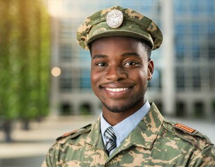 Young confident African American veteran looking at camera in camouflage suit
