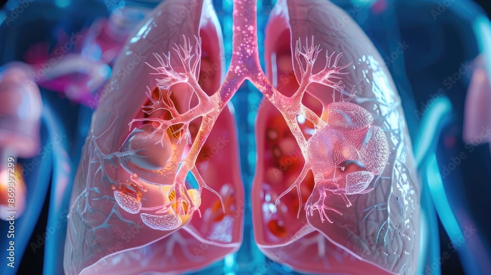 Detailed cutaway of the lungs, showing internal structures related to ...