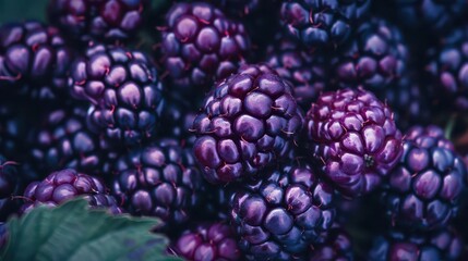 Wall Mural - macro view of ripe blackberries creating natural textured background juicy glossy berries with intricate details rich purple hues fresh and appetizing composition