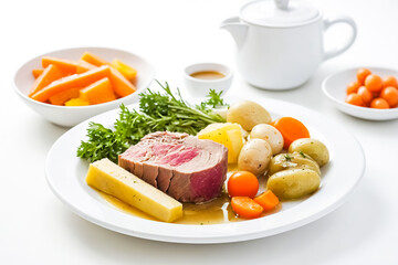 Poster - Tuna with vegetables and sauce on a white plate