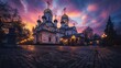 © furyon - majestic byzantine cathedral in twilight golden domes gleaming against deep purple sky ornate architecture with intricate details surrounded by cobblestone plaza with flickering lanterns