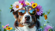 © john - Abstract animal portrait of a dog with sunglasses covered with fresh, spring flowers. A dog dressed as a hipster for a music festival.