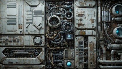 Wall Mural - A close-up of a futuristic machine panel with various buttons, switches, and wires