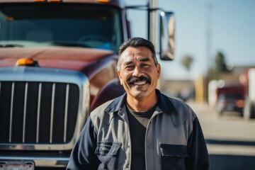 Wall Mural - Portrait of a smiling middle aged male truck driver standing in front