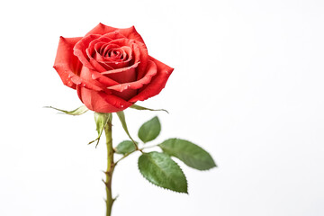 Wall Mural - Single Red Rose with Water Drops on White Background