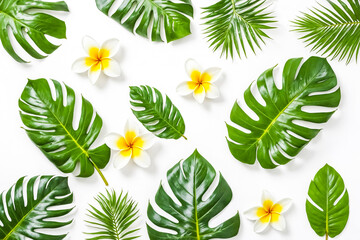 Canvas Print - Tropical leaves and flowers on a white background