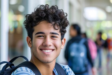 Smiling portrait of a young male Hispanic student on college campus