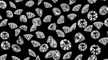 All shapes and cuts of diamonds laid out on black background.