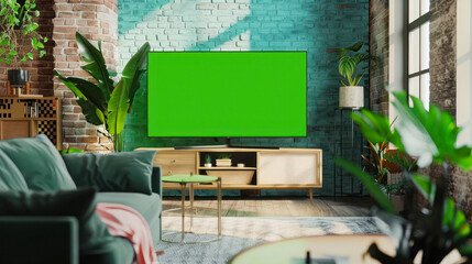 Sunlit brick-walled living room with green screen TV.