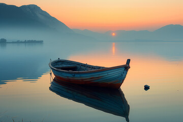 Poster - Fishing boat anchored on a calm lake at sunrise