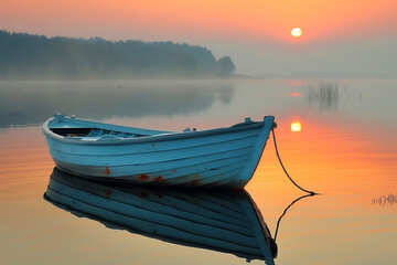 Wall Mural - Fishing boat anchored on a calm lake at sunrise