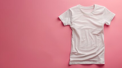 A plain white t-shirt neatly placed on a vibrant pink background, perfect for fashion, retail, and apparel presentations.