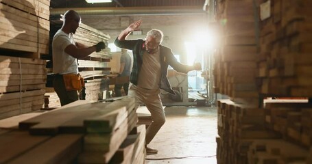 Poster - People, dancing and celebrate in woodwork factory, happiness with high five for business success. Manager, employee and together with excited movement for job, teamwork and collaboration in warehouse