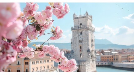 Wall Mural - Pink Blossoms Framing a European Cityscape