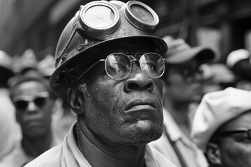 black diverse worker wearing  protective goggles and helmet, labor activism