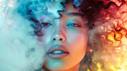 Wall Mural - Close-up portrait of a woman with curly hair in colorful light