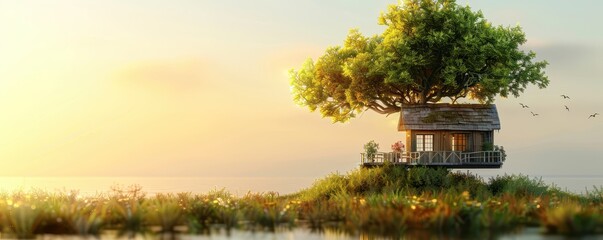 Wall Mural - A tree house is built on a small island in the middle of a lake