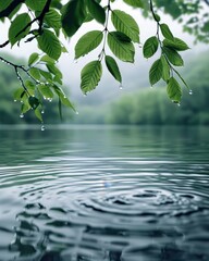 A leaf is dripping water on a lake