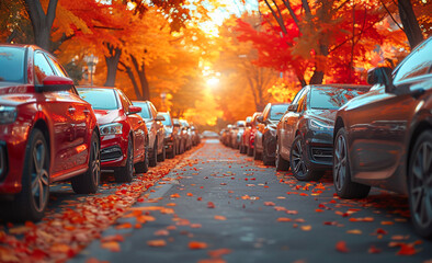 Wall Mural - A row of cars parked on a street with leaves on the ground