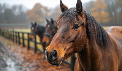 Wall Mural - A brown horse with a black mane and tail is standing in a field