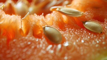 Melon Close-Up: A close-up image of a melon slice, focusing on the seeds and the juicy flesh. Generative AI