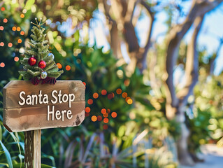 Rustic timber Santa Stop Here front garden lawn sign Christmas Eve decoration simple wooden outdoor decor summer festive Australian green natural homely charming gifts kids magical childhood memories 