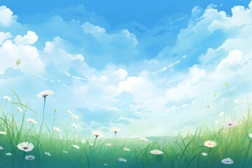 Wall Mural - Grass and flowers green sky landscape. 