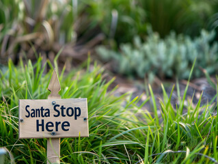 Rustic timber Santa Stop Here front garden lawn sign Christmas Eve decoration simple wooden outdoor decor summer festive Australian green natural homely charming gifts kids magical childhood memories 