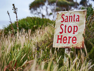 Rustic timber Santa Stop Here front garden lawn sign Christmas Eve decoration simple wooden outdoor decor summer festive Australian green natural homely charming gifts kids magical childhood memories 