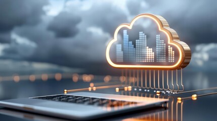 Digital cloud computing concept with a futuristic cityscape integrated into a cloud hovering above a laptop, symbolizing online data storage.