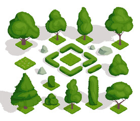 Set of isometric trees and bushes. Collection of icons with forest and park green plants of various shapes. Natural elements of garden landscape. 3D vector illustrations isolated on white background