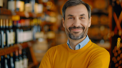 Sticker - Friendly Italian Salesman in yellow sweater promoting premium wine in luxury wine store. Customer service and small business concept.