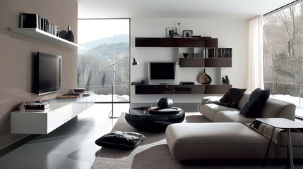 Sticker - Modern Living Room Interior Design with Large Windows and Sectional Sofa
