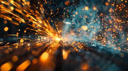 Poster -  industrial welding in a factory, with the welder creating a shower of sparks that illuminate the steel structure