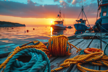 Wall Mural - Fishing gear laid out on a dock at sunrise