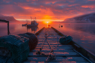 Wall Mural - Fishing gear laid out on a dock at sunrise