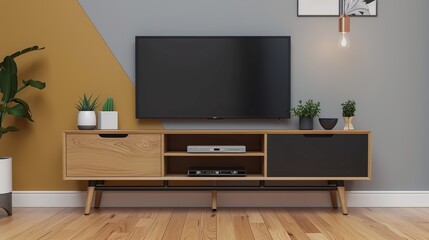 Sticker - Modern Living Room Interior Design with TV Stand and Plants