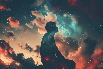 Wall Mural - A man is sitting on a rock in the sky, looking up at the stars. The sky is filled with clouds and stars, creating a sense of wonder and awe