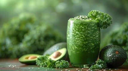 Wall Mural - Healthy Australian Avocado and Kale Smoothie in a Glass on a Wooden Table with Minimal Background