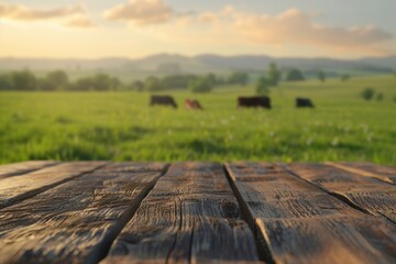 Poster - Empty wooden table top field grass landscape.