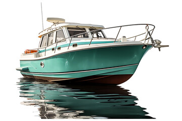 new small motor boat for fishing moored on pier on transparent background