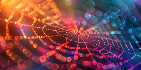 A closeup photo of a spider web illuminated by a rainbow of colored lights, highlighting the intricate structure and the beauty of light refraction