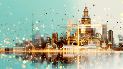 ethereal abstract 3d cityscape background, with bokeh effects, in the shades of blue, white, and gold, creating a dreamy and romantic scene