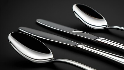 Shiny silverware on a black background, metallic textures, high contrast, realistic illustration