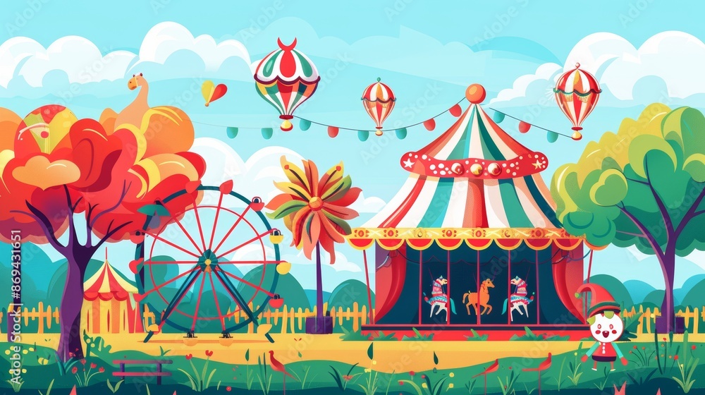 Illustration of clowns, wheels, and circus tents in a carnival park ...