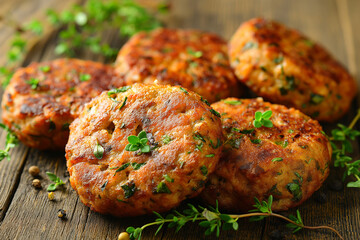 Sticker - Vegetarian patties devoid of sugar featuring herbs, displayed on a wooden surface, depicted in ultra-realistic detail to showcase healthy ingredients and natural flavors.