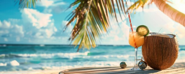 Wall Mural - A tropical beach scene with a coconut drink and a glass of lemonade on a table. The drink is served in a coconut shell, adding to the beachy atmosphere. The scene is relaxing and inviting. 