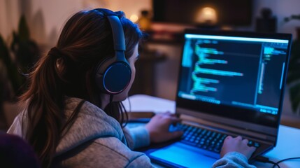Wall Mural - a female coder in headphones writes a program on a laptop