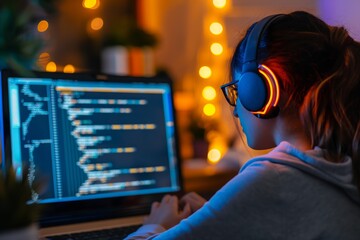 Wall Mural - a female coder in headphones writes a program on a laptop